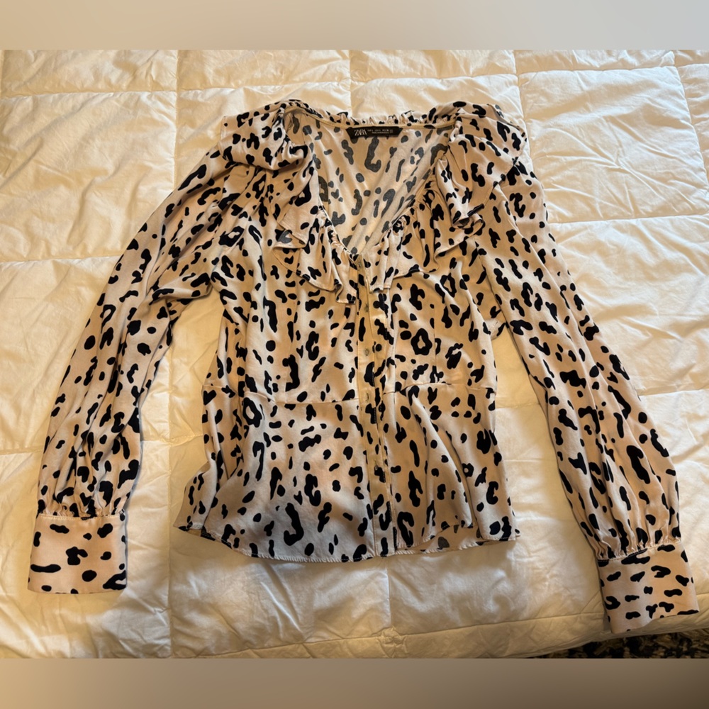 Zara Beige and Black Animal Print Blouse